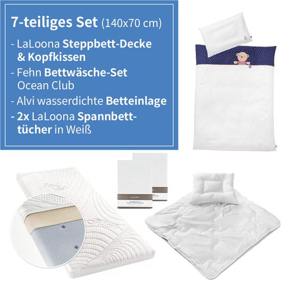 Babyartikel.de 7-tlg. Bett-Set für Kinderbett 140x70 cm / Steppbett + Bettwäsche + Spannbetttücher + Betteinlage - Ocean Club