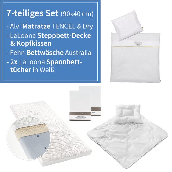 Babyartikel.de 7-tlg. Komplett-Set für Beistellbett & Wiege 90 x 40 cm / Matratze+Spannbetttücher+Steppbett-Set+Bettwäsche - Australia