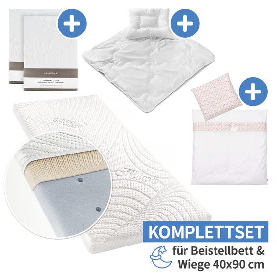 Babyartikel.de 7-tlg. Komplett-Set für Beistellbett & Wiege 90 x 40 cm / Matratze+Spannbetttücher+Steppbett-Set+Bettwäsche -Schwanensee