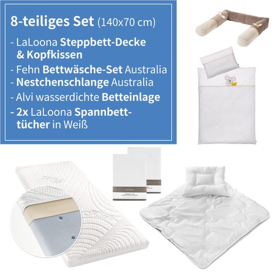 Babyartikel.de 8-tlg. Bett-Set für Kinderbett 140x70 cm / Steppbett +Bettwäsche +Nestchenschlange +Spannbetttuch +Betteinlage Australia