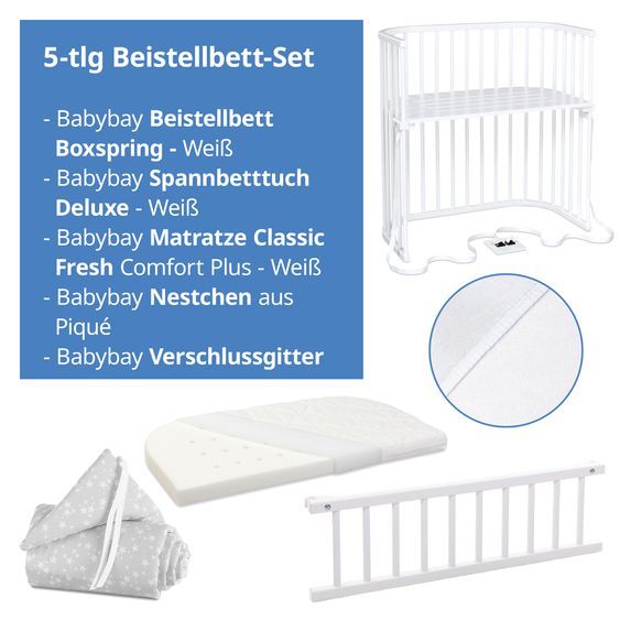 Babybay 5-tlg.- Beistellbett-Set Boxspring mit Matratze Classic Fresh, Nestchen Sterne Weiß Perlgrau, Spannbetttuch Deluxe Weiß & Verschlussgitter - Weiß