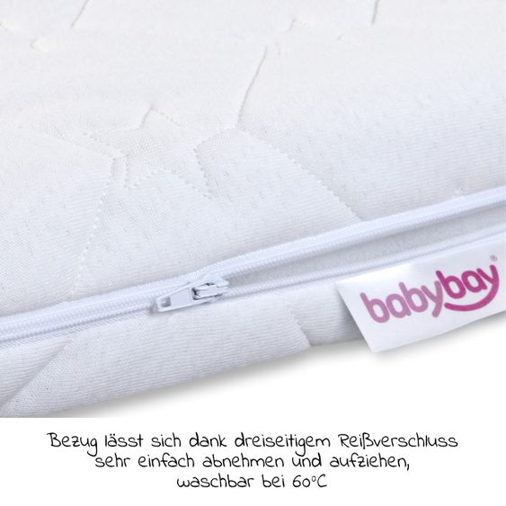 Babybay 5-tlg.- Beistellbett-Set Boxspring mit Matratze Classic Fresh, Nestchen Sterne Weiß Perlgrau, Spannbetttuch Deluxe Weiß & Verschlussgitter - Weiß