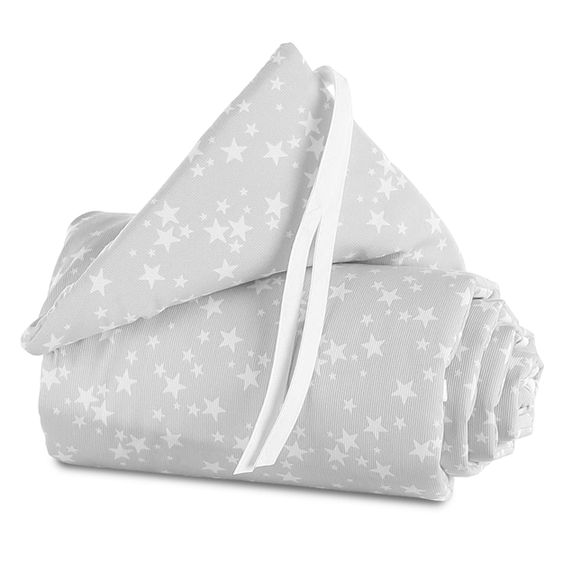 Babybay 5-tlg.- Beistellbett-Set Boxspring mit Matratze Classic Fresh, Nestchen Sterne Weiß Perlgrau, Spannbetttuch Deluxe Weiß & Verschlussgitter - Weiß