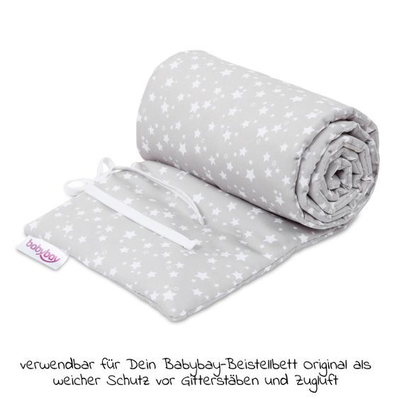 Babybay 5-tlg.- Beistellbett-Set Boxspring mit Matratze Classic Fresh, Nestchen Sterne Weiß Perlgrau, Spannbetttuch Deluxe Weiß & Verschlussgitter - Weiß