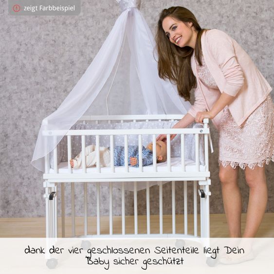 Babybay 5-tlg.- Beistellbett-Set Boxspring mit Matratze Classic Fresh, Nestchen Sterne Weiß Perlgrau, Spannbetttuch Deluxe Weiß & Verschlussgitter - Weiß