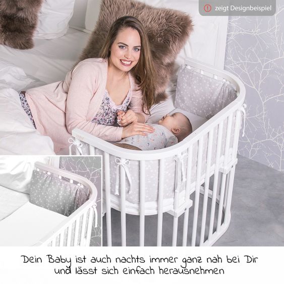 Babybay 5-tlg.- Beistellbett-Set Boxspring mit Matratze Classic Fresh, Nestchen Sterne Weiß Perlgrau, Spannbetttuch Deluxe Weiß & Verschlussgitter - Weiß