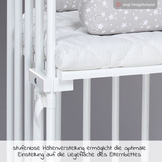 Babybay 5-tlg.- Beistellbett-Set Boxspring mit Matratze Classic Fresh, Nestchen Sterne Weiß Perlgrau, Spannbetttuch Deluxe Weiß & Verschlussgitter - Weiß