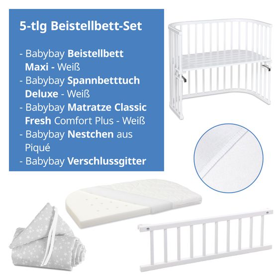 Babybay 5-tlg.- Beistellbett-Set Maxi mit Matratze Classic Fresh, Nestchen Sterne Weiß Perlgrau, Spannbetttuch Deluxe Weiß & Verschlussgitter - Weiß