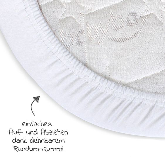 Babybay 5-tlg.- Beistellbett-Set Maxi mit Matratze Classic Fresh, Nestchen Sterne Weiß Perlgrau, Spannbetttuch Deluxe Weiß & Verschlussgitter - Weiß