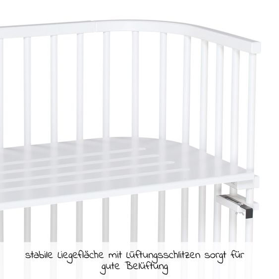 Babybay 5-tlg.- Beistellbett-Set Maxi mit Matratze Classic Fresh, Nestchen Sterne Weiß Perlgrau, Spannbetttuch Deluxe Weiß & Verschlussgitter - Weiß