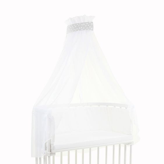 Babybay Himmel mit perlgrauer Banderole für Beistellbett - Punkte Weiß