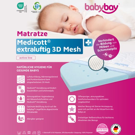 Babybay Mattress Medicott extra airy 3D Mesh for co-sleeper Original - White