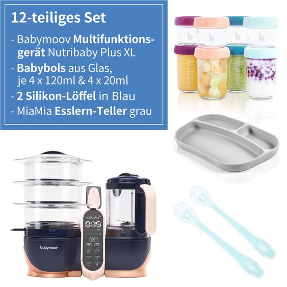 Babymoov Set da 12 pezzi per la preparazione di alimenti per bambini Nutribaby+ XL con 8 biberon in vetro + 2 cucchiai in silicone + 1 piatto per la cena