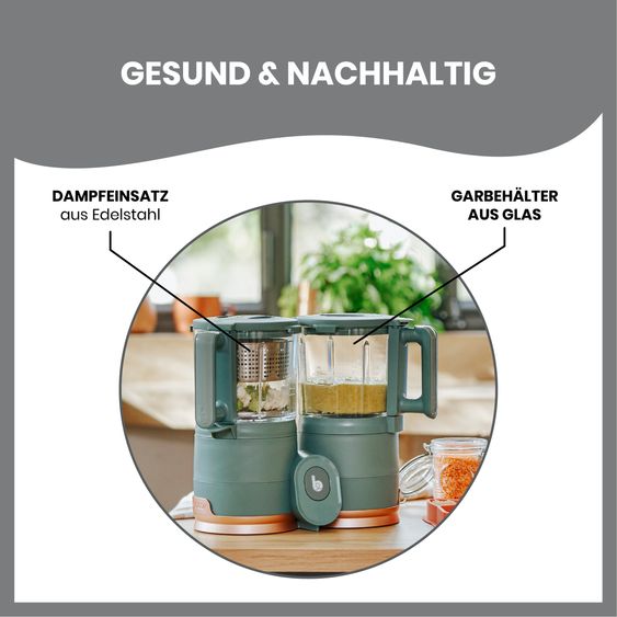 Babymoov Babynahrungszubereiter Nutribaby Glas - schonendes Dampfgaren, Mixen, Sterilisieren, Aufwärmen & Auftauen - Green Forest