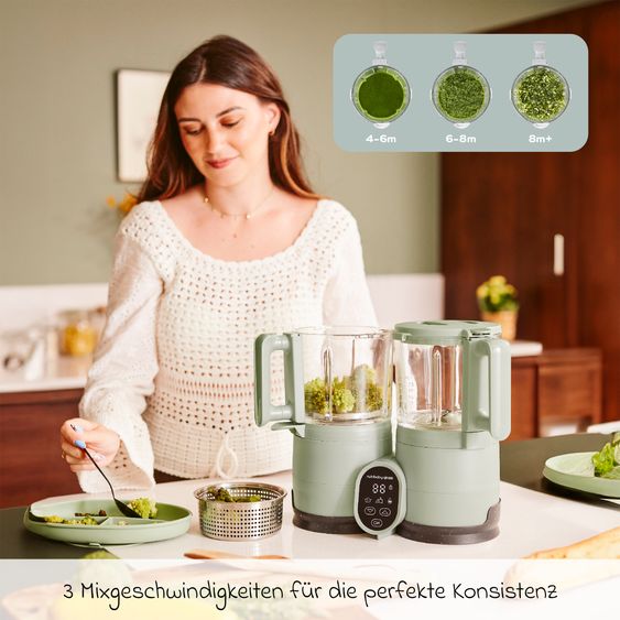 Babymoov Babynahrungszubereiter Nutribaby Glass - schonendes Dampfgaren, Mixen, Sterilisieren, Aufwärmen & Auftauen - Green Celadon