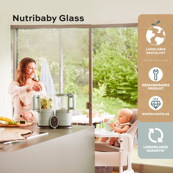 Babymoov Nutribaby Cuocipappa in vetro - per cuocere a vapore, frullare, sterilizzare, riscaldare e scongelare in modo delicato - Verde Celadon