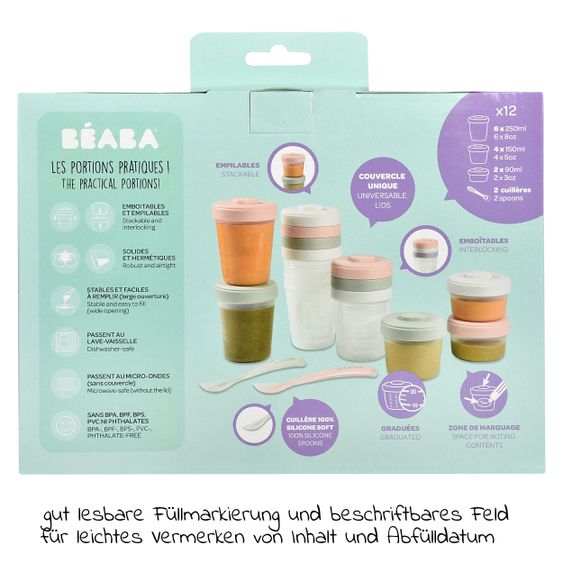 Beaba 26-tlg. Set Aufbewahrungsbehälter mit Löffel 90 + 150 + 250 ml - Eucalyptus