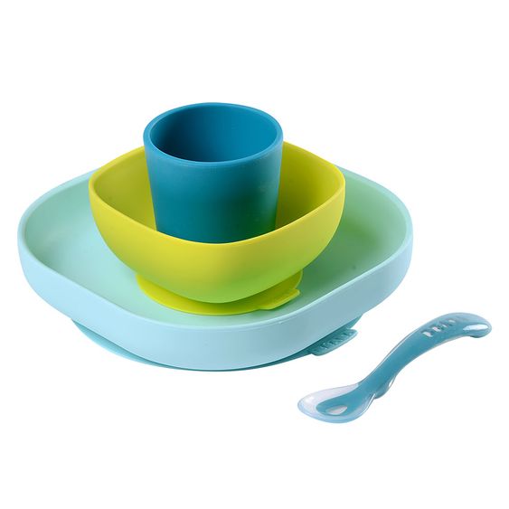 Beaba 4 pcs Silicone Tableware Set - Neon Blue