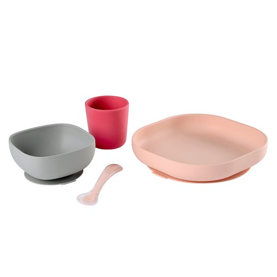 Beaba 4 Piece Silicone Dinnerware Set - Rose Pink