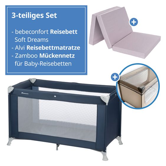 bebeconfort Soft Dreams travel cot set from birth up to 15 kg with Alvi travel cot mattress, insect screen & carry bag - Navy Blue