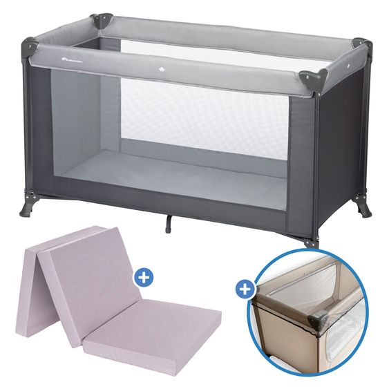 bebeconfort Soft Dreams travel cot set from birth up to 15 kg with Alvi travel cot mattress, insect screen & carry bag - Tinted Graphite
