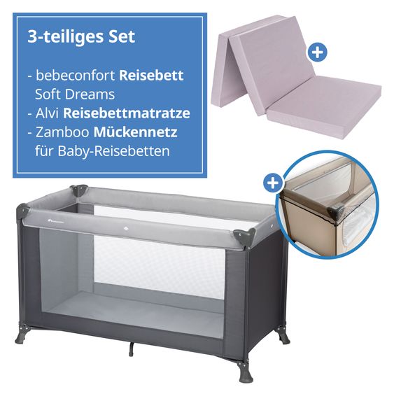bebeconfort Soft Dreams travel cot set from birth up to 15 kg with Alvi travel cot mattress, insect screen & carry bag - Tinted Graphite
