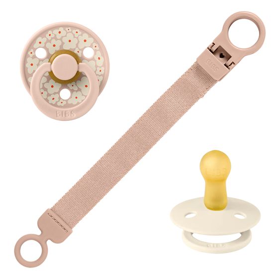 Bibs Set regalo 3 pz 2 Ciucci in lattice Colour 0-6 M + Catenella per ciuccio - Blush
