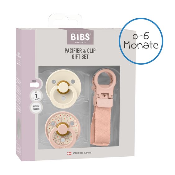 Bibs Set regalo 3 pz 2 Ciucci in lattice Colour 0-6 M + Catenella per ciuccio - Blush