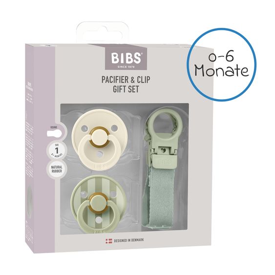 Bibs 3-tlg Geschenk-Set 2 Latex-Schnuller Colour 0-6 M + Schnullerband - Sage