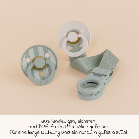 Bibs 3-tlg Geschenk-Set 2 Latex-Schnuller Colour 0-6 M + Schnullerband - Sage