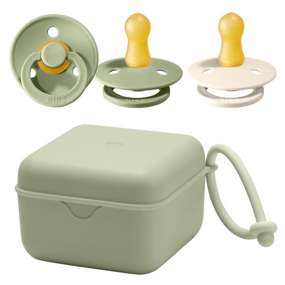 Bibs 3-tlg. Geschenk-Set 2 Latex-Schnuller Colour 0-6 M + Schnullerbox - Ivory / Sage