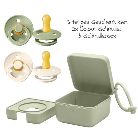 Bibs 3-tlg. Geschenk-Set 2 Latex-Schnuller Colour 0-6 M + Schnullerbox - Ivory / Sage