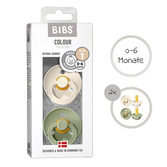 Bibs 3-tlg. Geschenk-Set 2 Latex-Schnuller Colour 0-6 M + Schnullerbox - Ivory / Sage