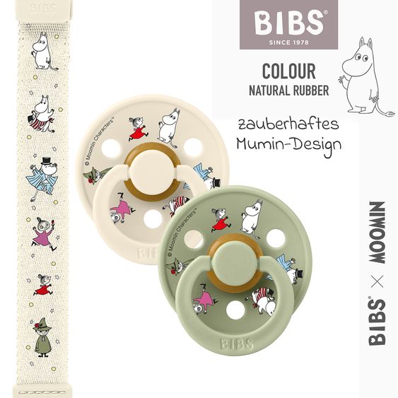 Bibs Set regalo 3 pz 2 Ciucci in lattice Colour 6-18 M + Catenella per ciuccio - Moomin Friends - Avorio / Salvia