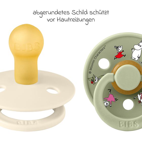 Bibs Set regalo 3 pz 2 Ciucci in lattice Colour 6-18 M + Catenella per ciuccio - Moomin Friends - Avorio / Salvia