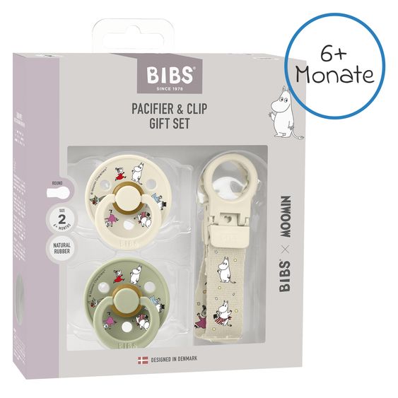 Bibs Set regalo 3 pz 2 Ciucci in lattice Colour 6-18 M + Catenella per ciuccio - Moomin Friends - Avorio / Salvia