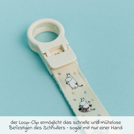 Bibs Set regalo 3 pz 2 Ciucci in lattice Colour 6-18 M + Catenella per ciuccio - Moomin Friends - Avorio / Salvia