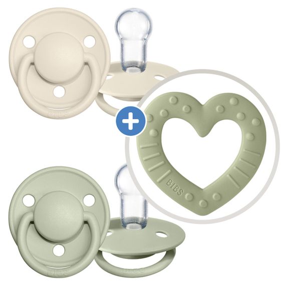 Bibs Set iniziale di 3 pezzi - Ciuccio De Lux 2-pack Silicone + Teether Baby Bitie Heart - Avorio / Salvia