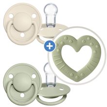 3-tlg. Starter-Set - De Lux Schnuller 2er Pack Silikon + Beißring Baby Bitie Heart - Ivory / Sage