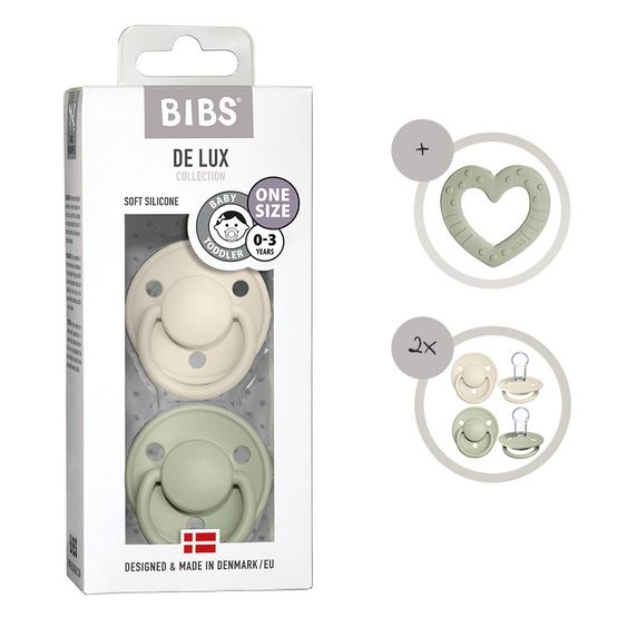 Bibs Set iniziale di 3 pezzi - Ciuccio De Lux 2-pack Silicone + Teether Baby Bitie Heart - Avorio / Salvia