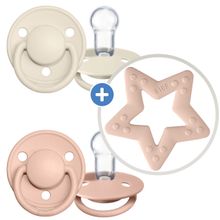 3-tlg. Starter-Set - De Lux Schnuller 2er Pack Silikon + Beißring Baby Bitie Star - Ivory / Blush