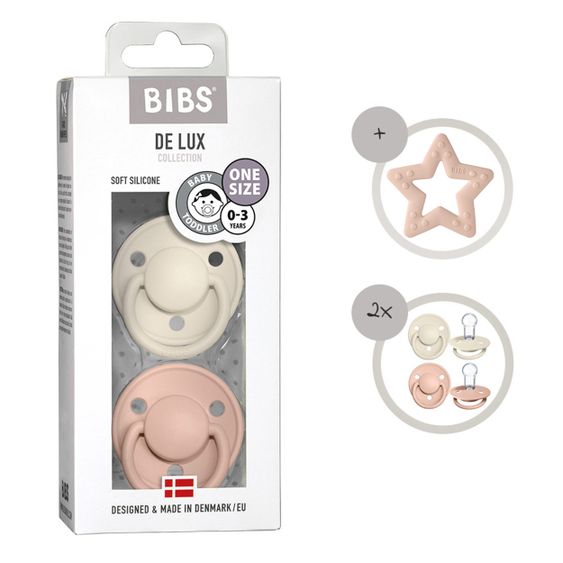 Bibs Set iniziale di 3 pezzi - Ciuccio De Lux 2-pack Silicone + Teether Baby Bitie Star - Avorio / Blush