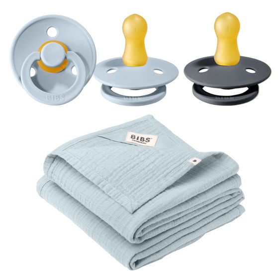 Bibs 4-tlg. Geschenk-Set 2 Latex-Schnuller Colour 0-6 M + 2 Mulltücher - Iron / Baby Blue