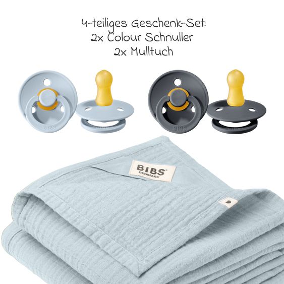 Bibs 4-tlg. Geschenk-Set 2 Latex-Schnuller Colour 0-6 M + 2 Mulltücher - Iron / Baby Blue
