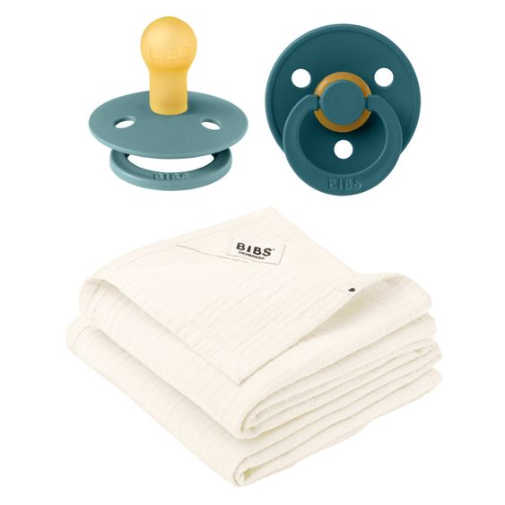 Bibs 4-tlg. Geschenk-Set 2 Latex-Schnuller Colour 0-6 M + 2 Mulltücher - Island Sea / Forest Lake / Ivory