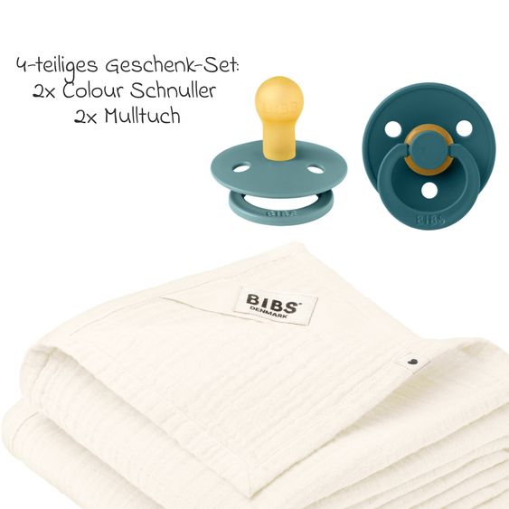 Bibs 4-tlg. Geschenk-Set 2 Latex-Schnuller Colour 0-6 M + 2 Mulltücher - Island Sea / Forest Lake / Ivory