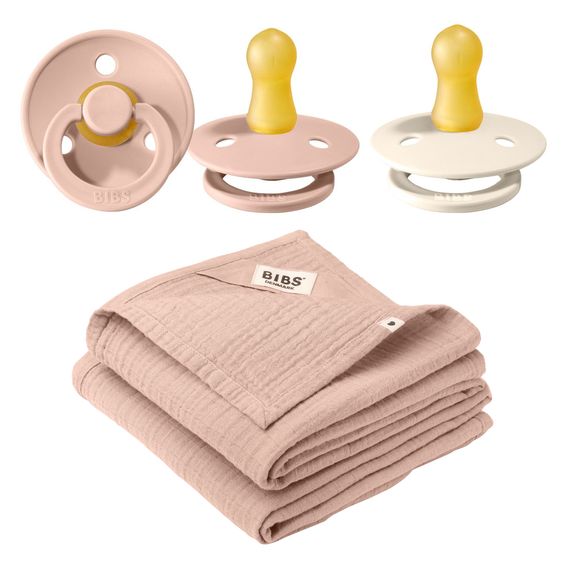 Bibs 4-tlg. Geschenk-Set 2 Latex-Schnuller Colour 0-6 M + 2 Mulltücher - Ivory / Blush