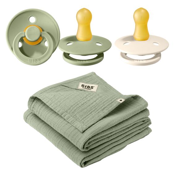 Bibs 4-tlg. Geschenk-Set 2 Latex-Schnuller Colour 0-6 M + 2 Mulltücher - Ivory / Sage