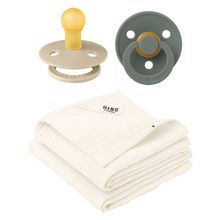 4-tlg. Geschenk-Set 2 Latex-Schnuller Colour 0-6 M + 2 Mulltücher - Vanilla / Pine / Ivory