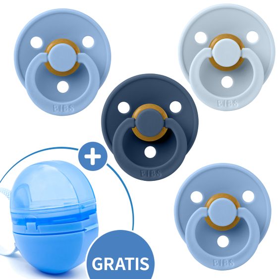 Bibs 5-tlg. Schnuller-Set - 4 Latex-Schnuller Colour 0-6 M + GRATIS Schnullerbox - Sky Blue Baby Blue Steel Blue